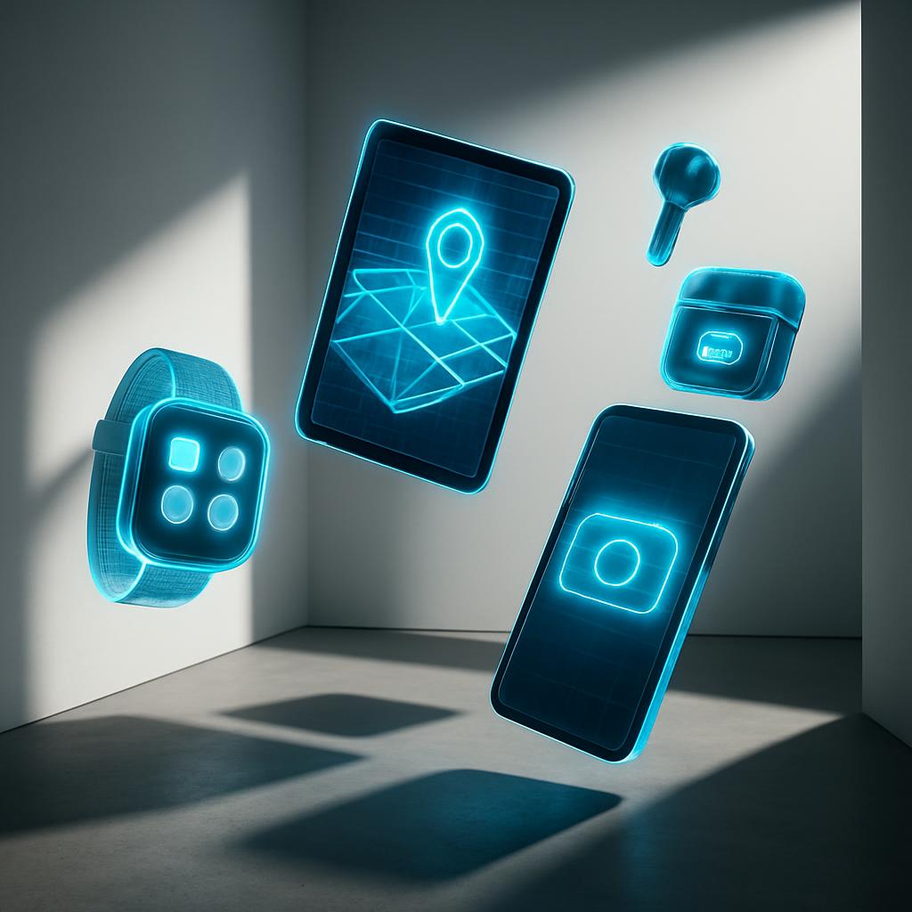 Image of glowing devices, including a tablet, watch, smartphone, and earbuds.