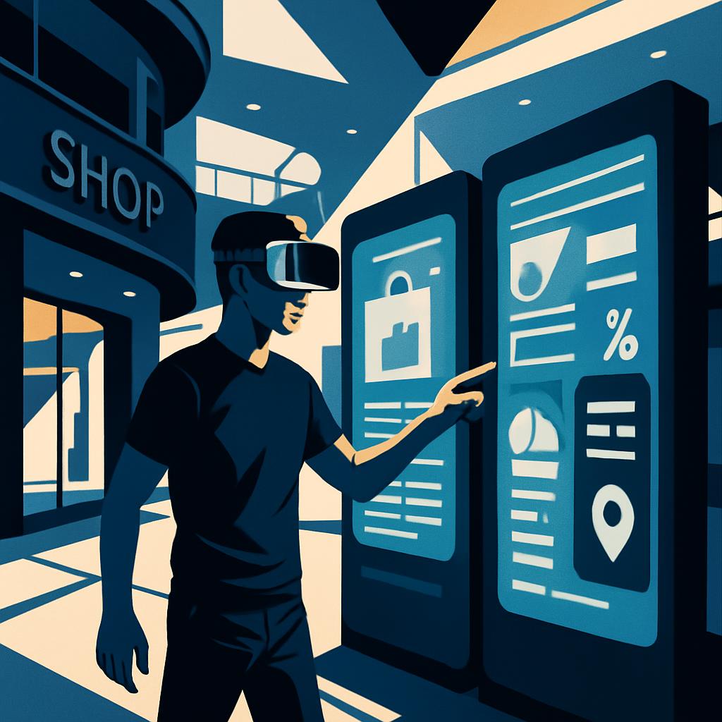 man using vr headset virtual reality technology, monochrome shopping mall.publication vector flat design artwork-gaiden.co...