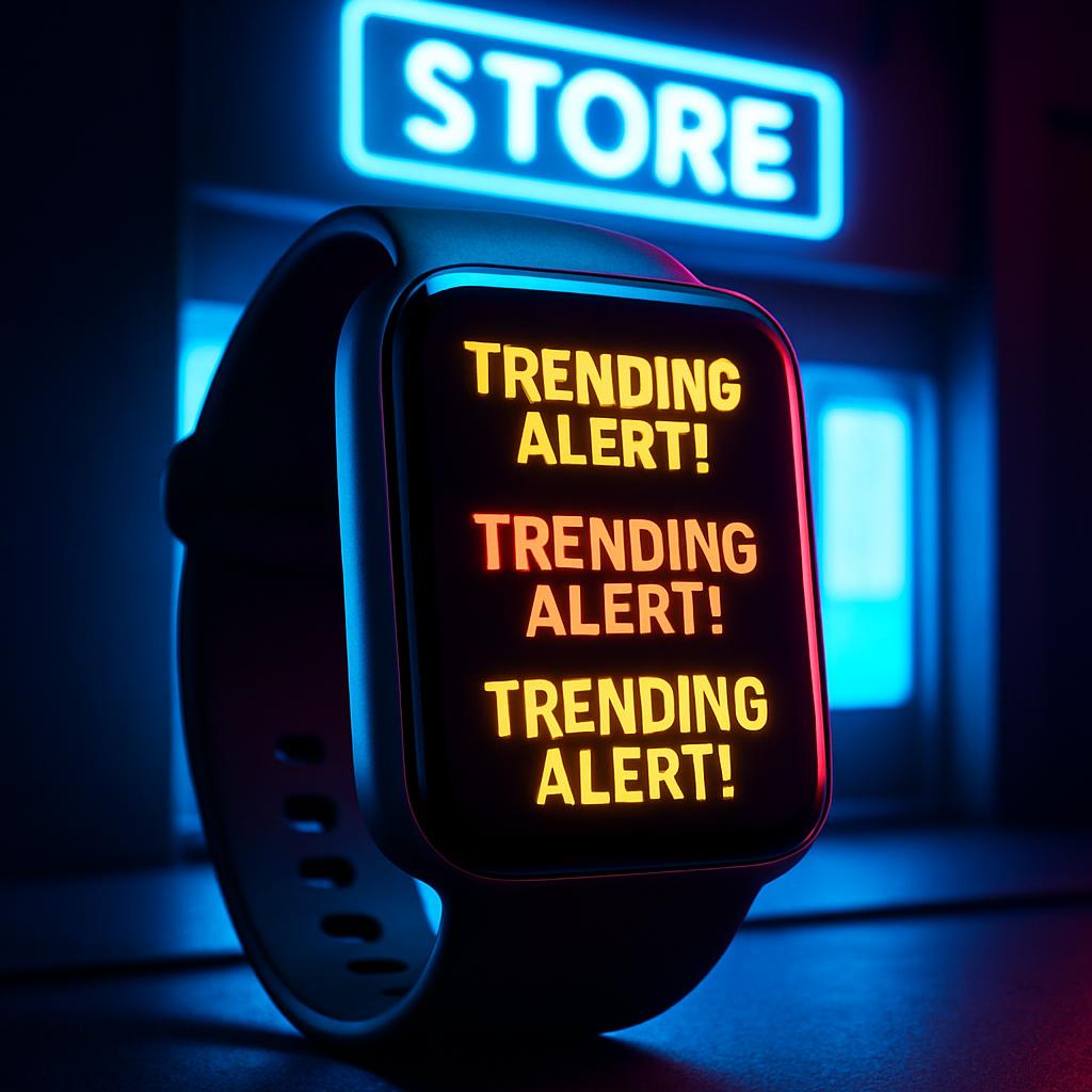 Trending alert in a store with illuminated sign, close up.