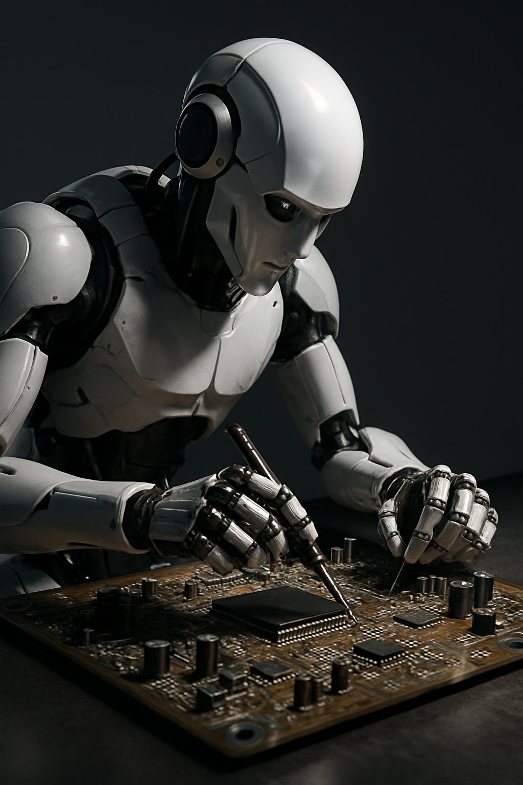 um robô montando uma placa eletrônica, estilo moderno e tecnológico, adequado para destaque visual